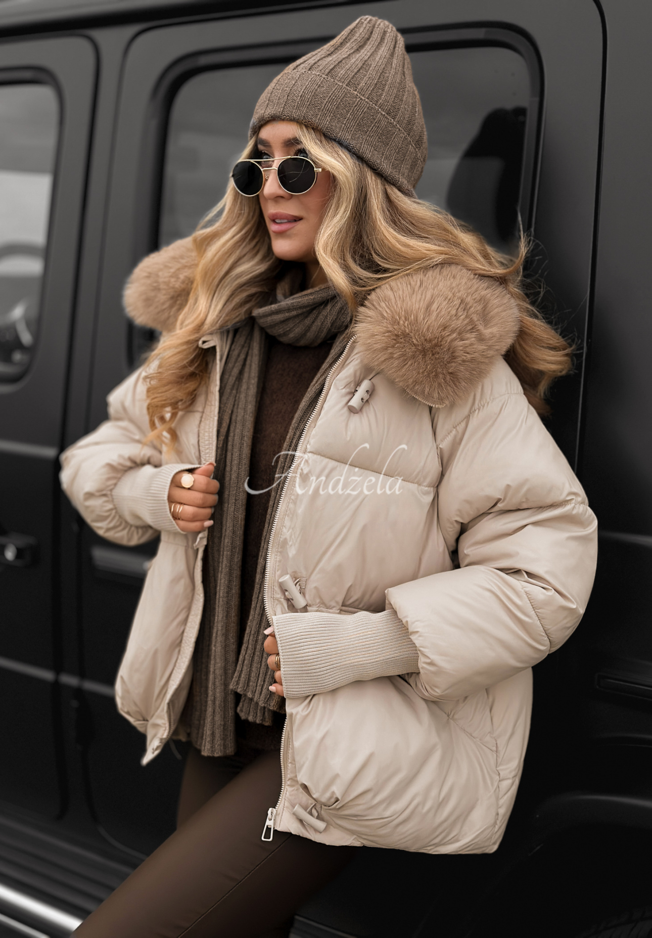 Quilted jacket with hood and fur Little Snowman beige