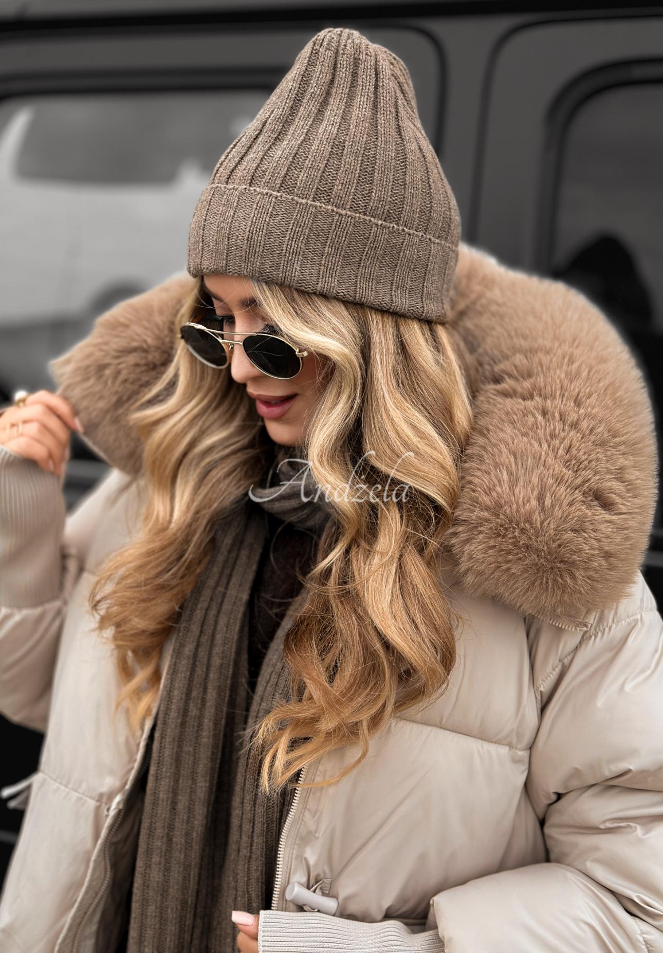 Quilted jacket with hood and fur Little Snowman beige