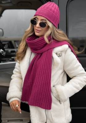 Ribbed hat and scarf set with wool and cashmere Snow Dates fuchsia