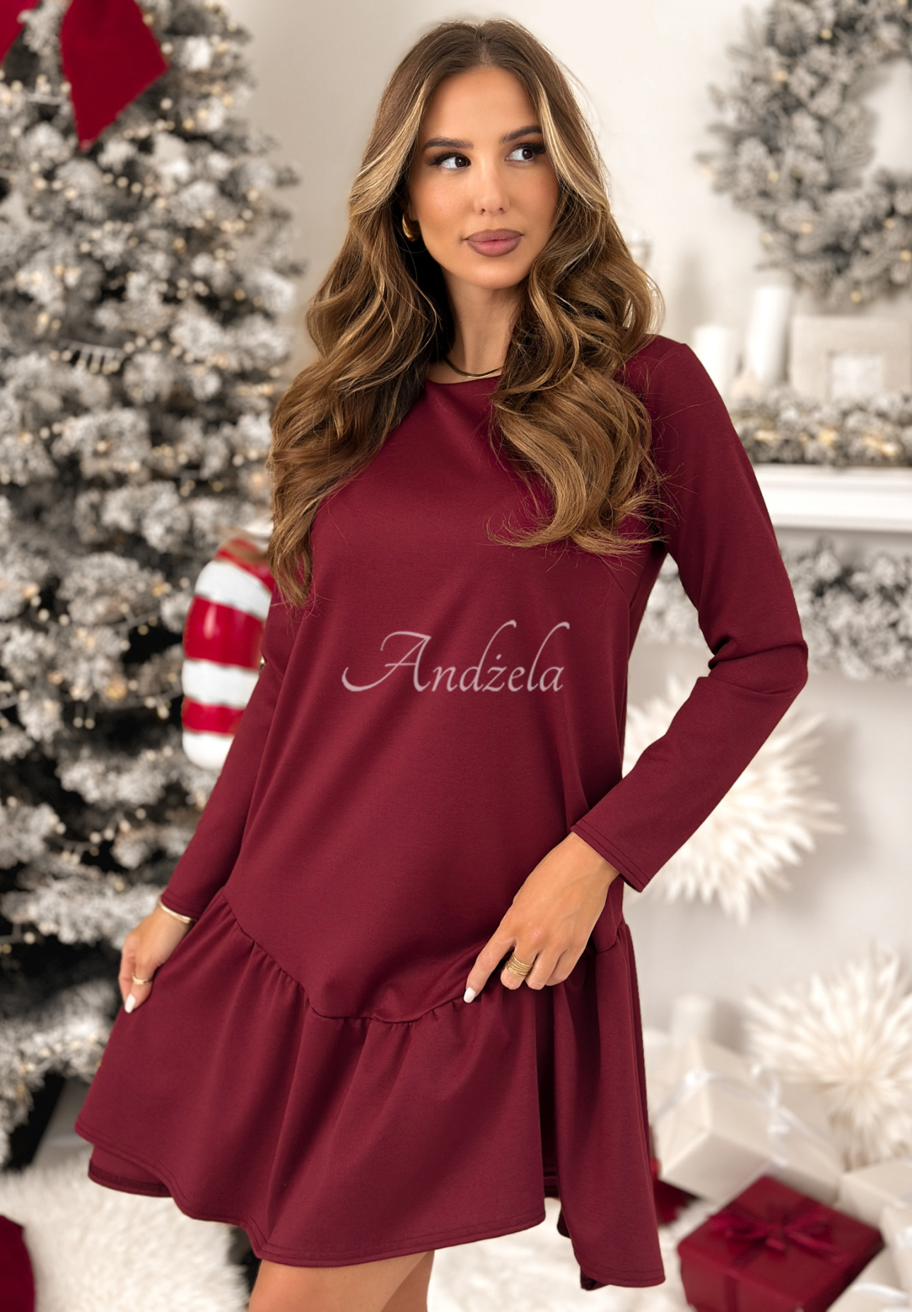 For What burgundy frill dress