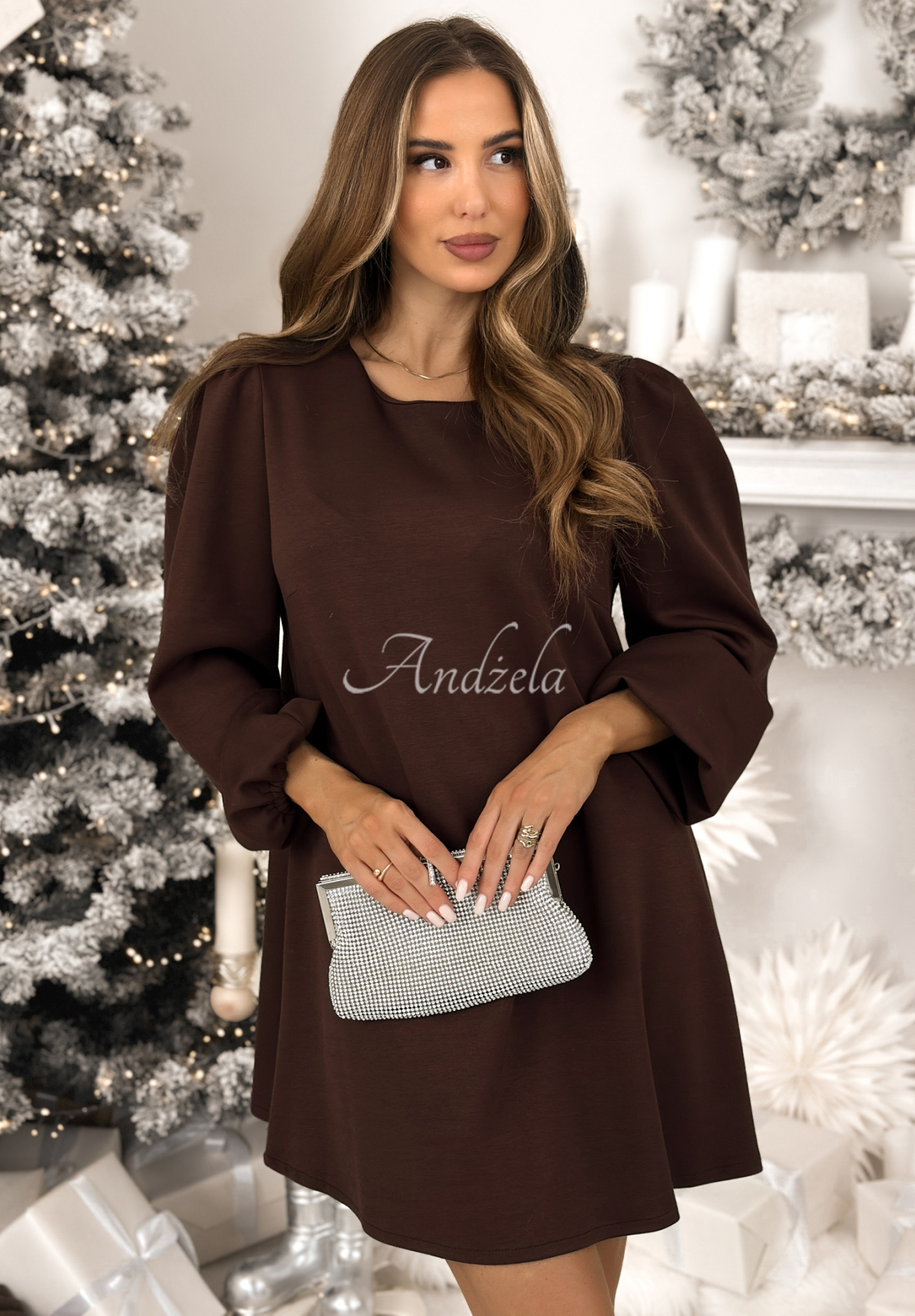 Viscose dress with buff sleeves Just One Kiss chocolate