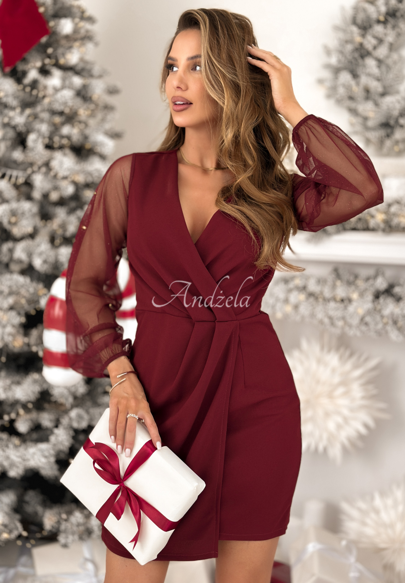 Sweet Gifts burgundy mini dress with decorative sleeves