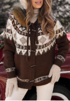 Wzorzysty sweter z futerkiem Christmas Fireplace czekoladowy