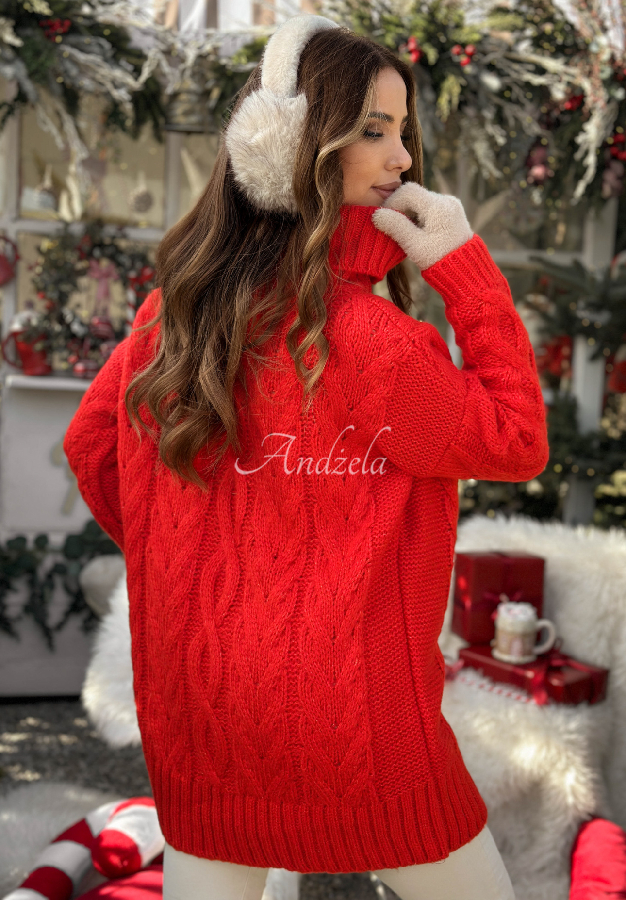 Decoratively woven turtleneck and wool sweater Wrapped In Comfort red