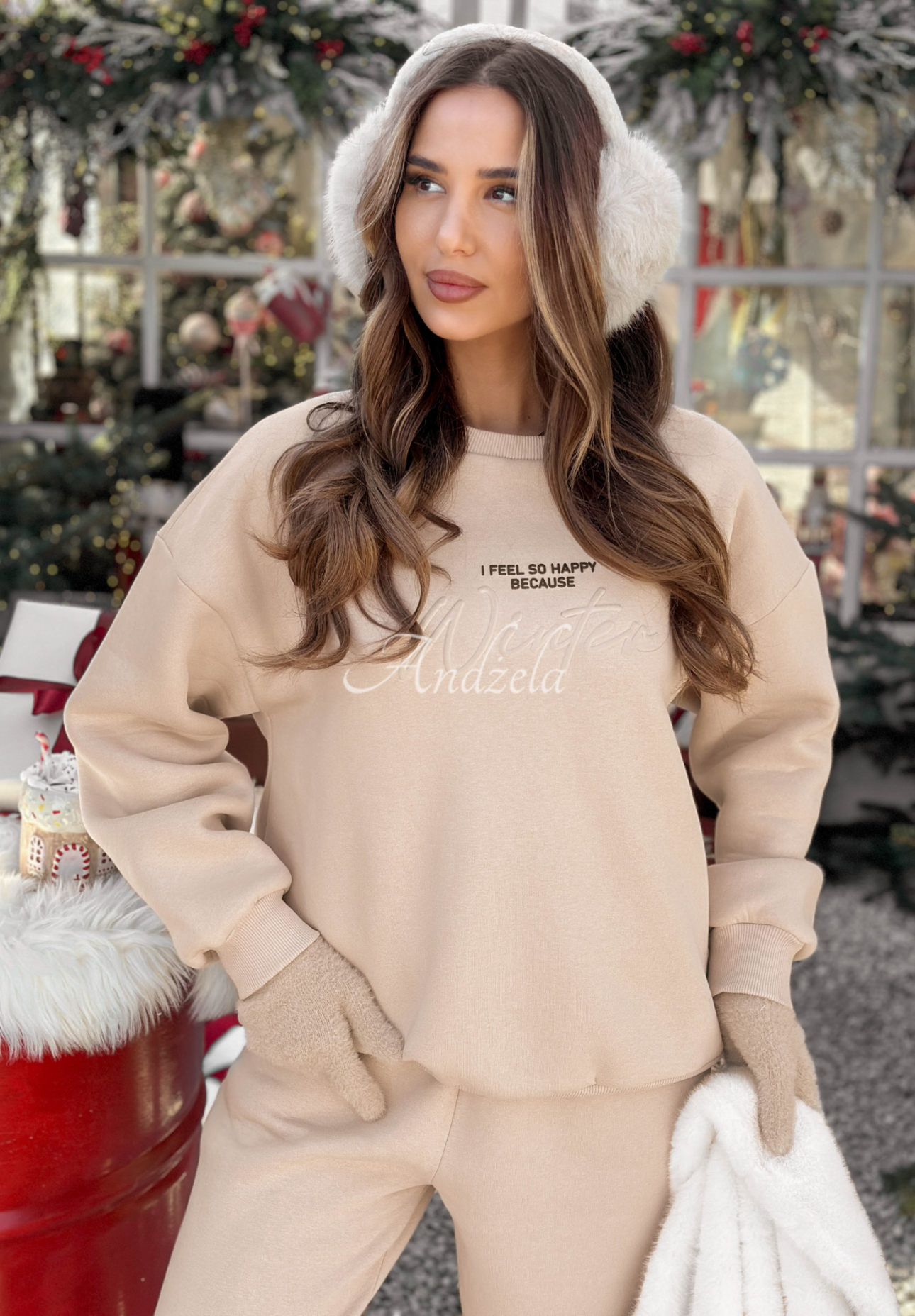 Sweatsuit set sweatshirt and pants So Happy Because Winter beige