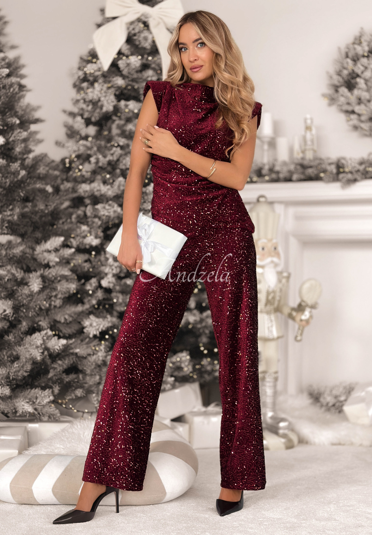 Cekinowa bluzka z marszczeniami The Mistletoe Lady burgundowa