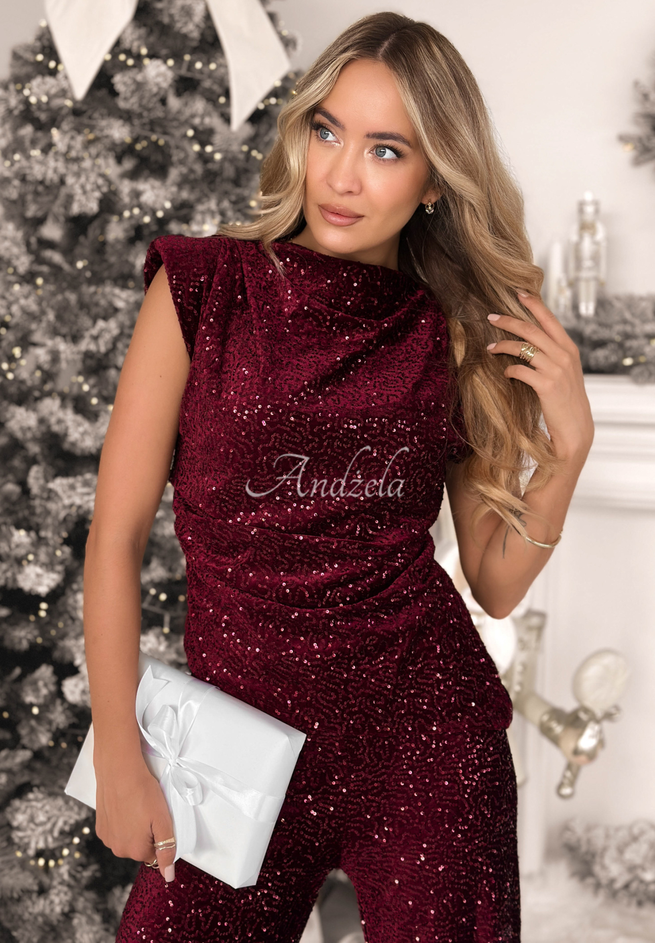 The Mistletoe Lady burgundy sequin crinkle blouse