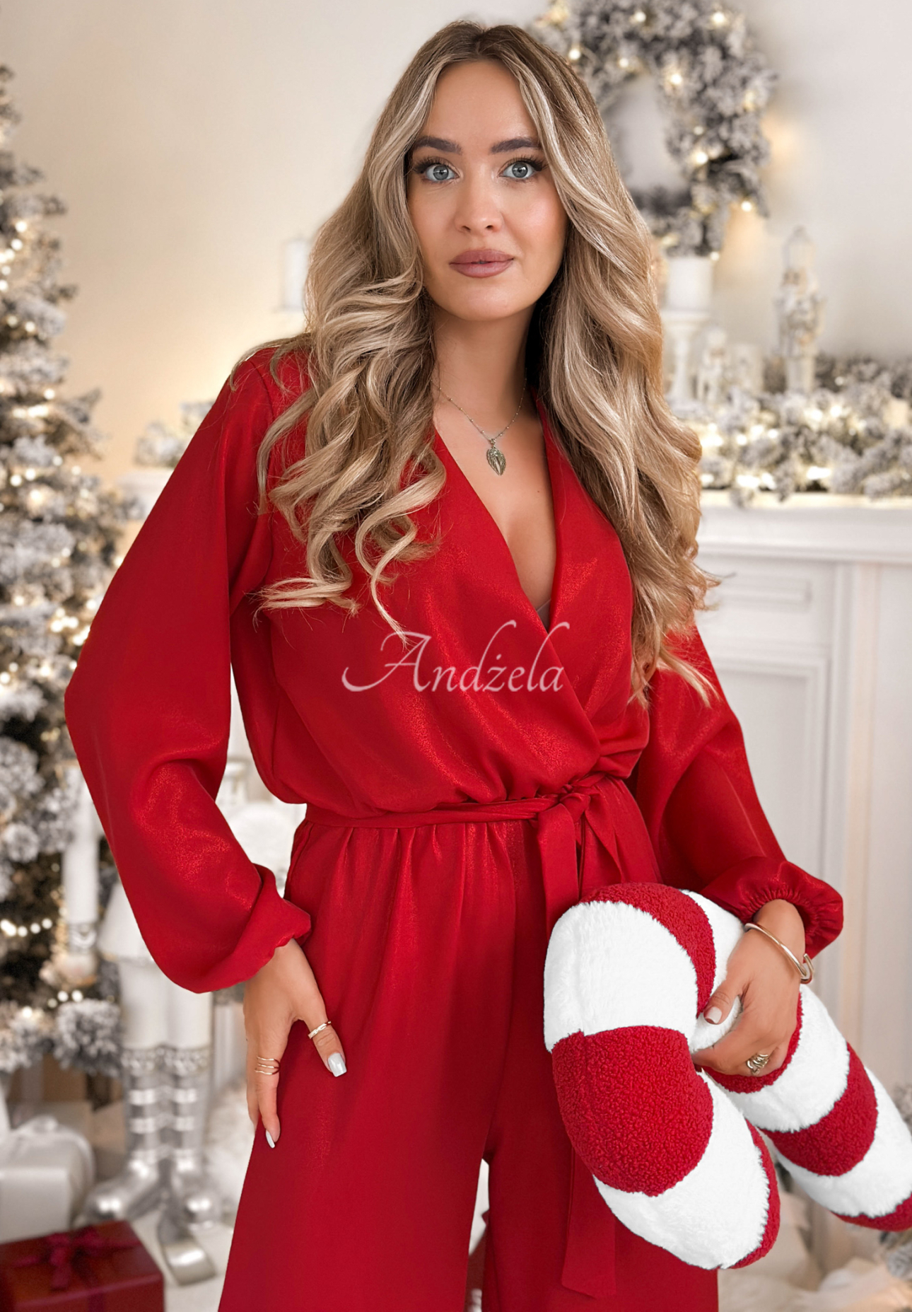 Długi błyszczący kombinezon z wiskozą Mistletoe &amp; Wine czerwony
