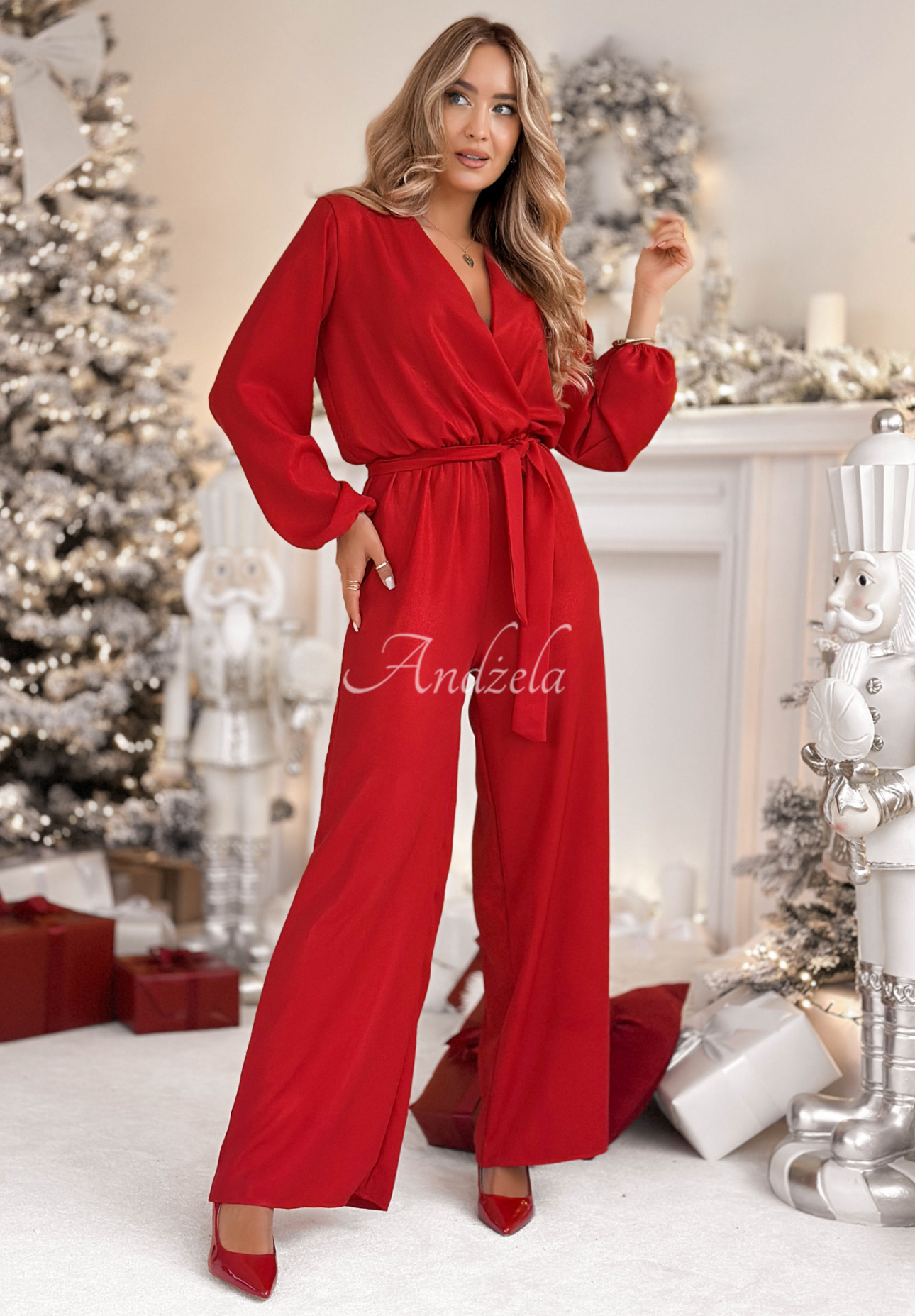 Long shiny viscose jumpsuit Mistletoe & Wine red