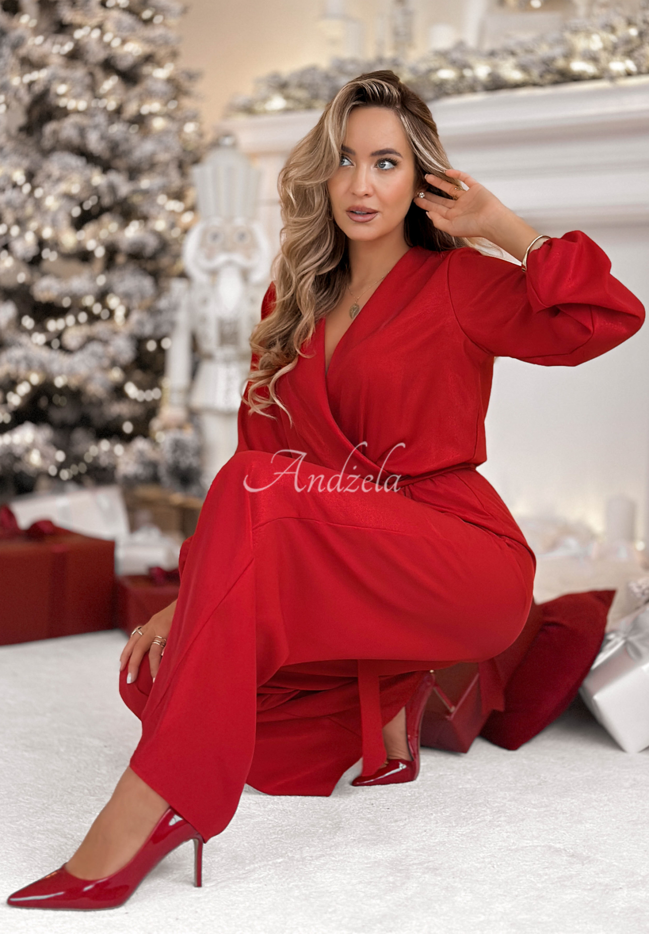 Long shiny viscose jumpsuit Mistletoe &amp; Wine red