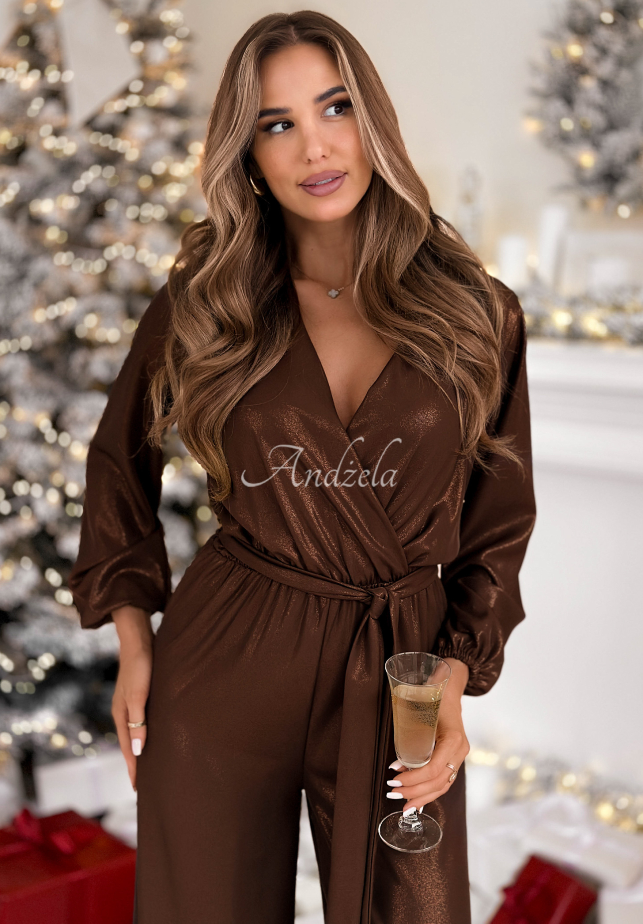Long shiny viscose jumpsuit Mistletoe &amp; Wine chocolate