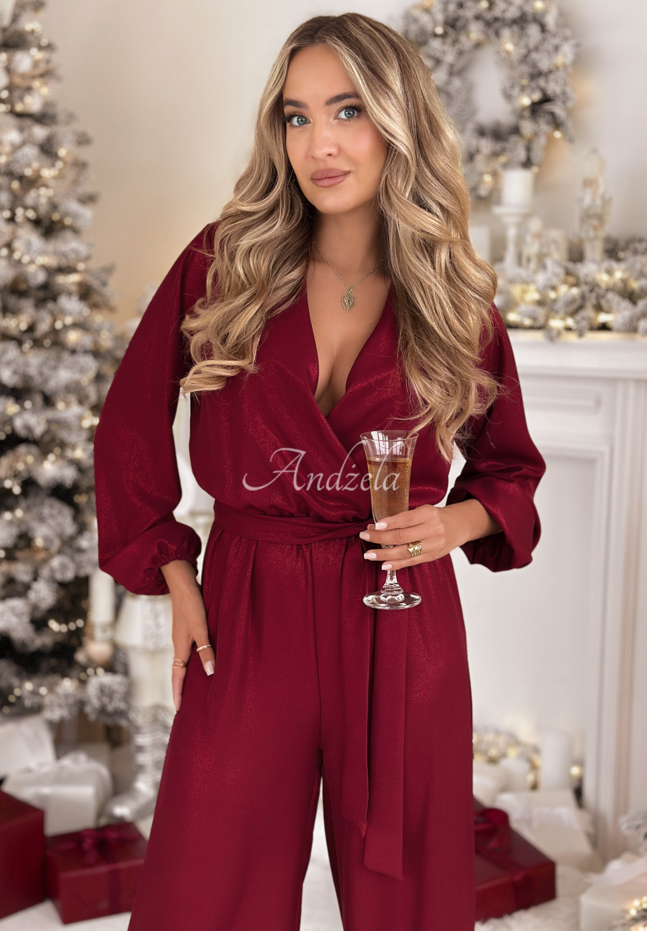 Long glossy viscose jumpsuit Mistletoe &amp; Wine burgundy