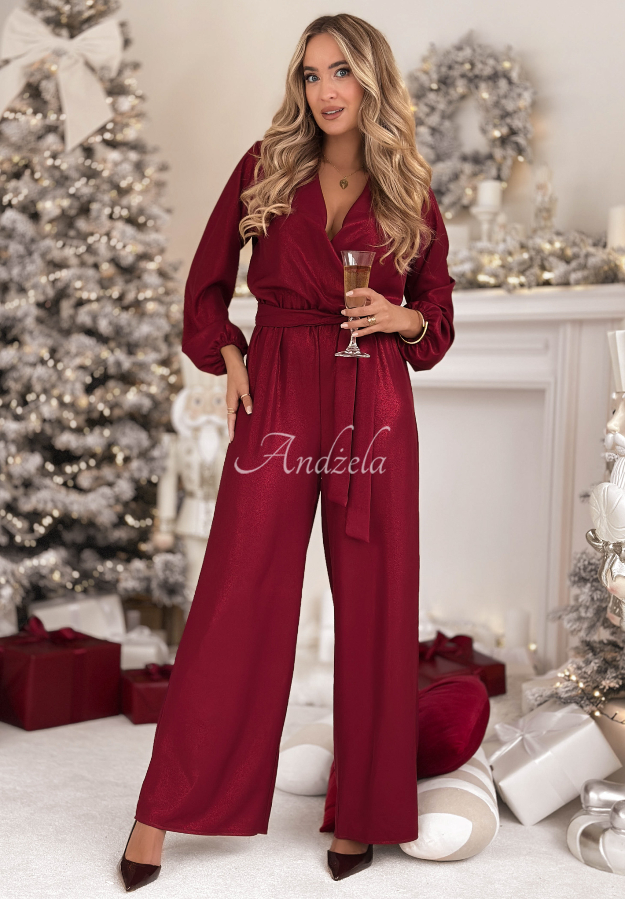 Long glossy viscose jumpsuit Mistletoe & Wine burgundy