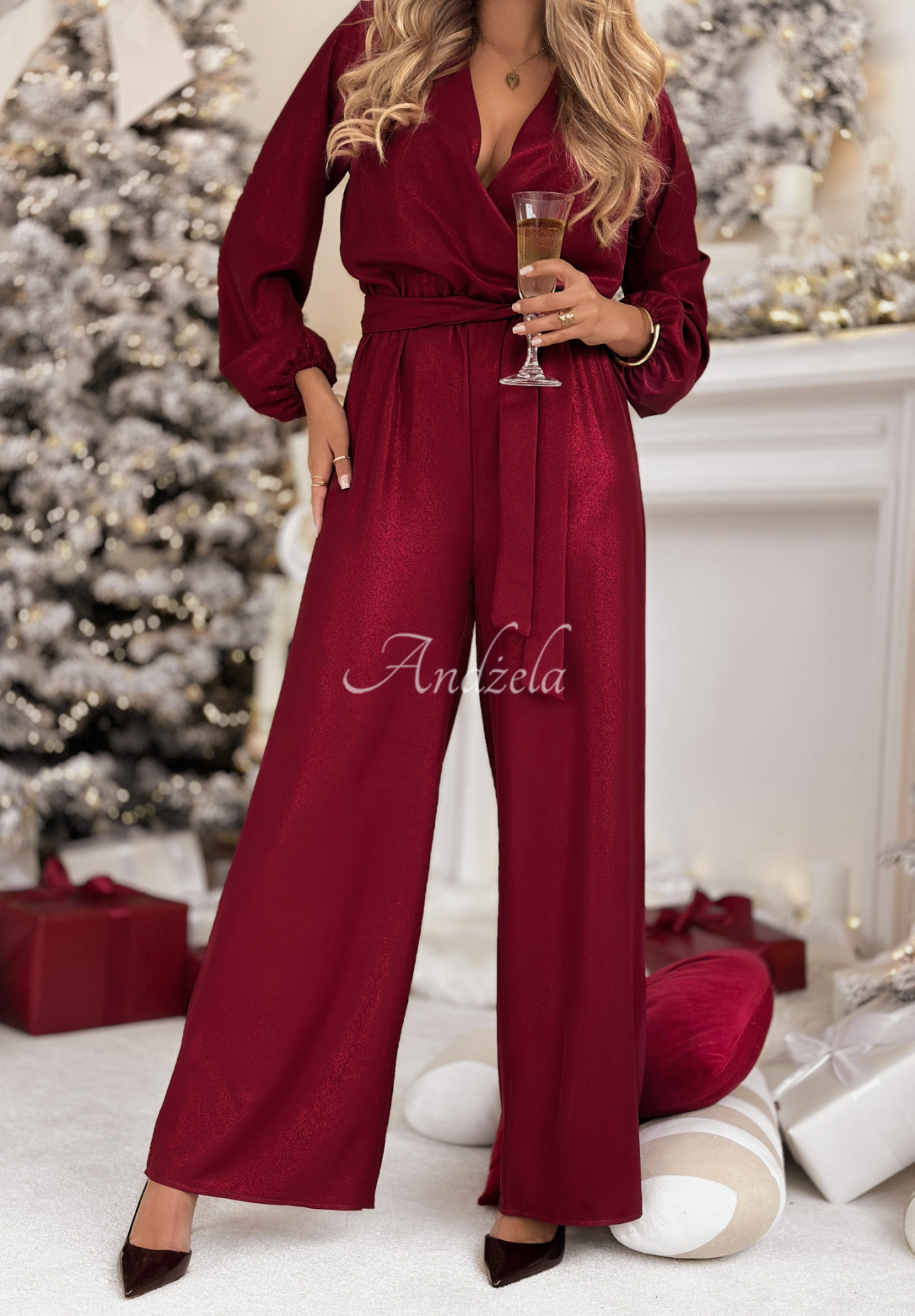 Długi błyszczący kombinezon z wiskozą Mistletoe &amp; Wine burgundowy