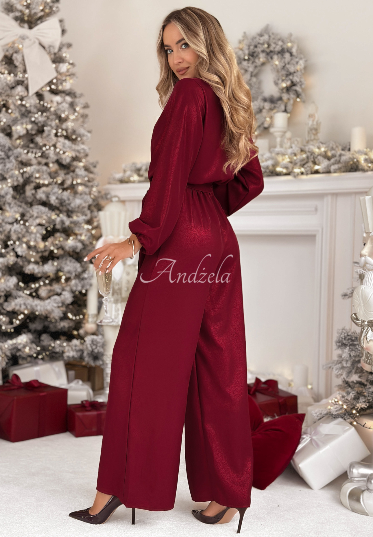 Long glossy viscose jumpsuit Mistletoe &amp; Wine burgundy