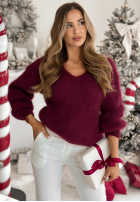 Moherowy sweter z dekoltem w serek Sweater Soul burgundowy
