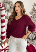 Moherowy sweter z dekoltem w serek Sweater Soul burgundowy