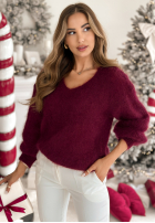 Moherowy sweter z dekoltem w serek Sweater Soul burgundowy