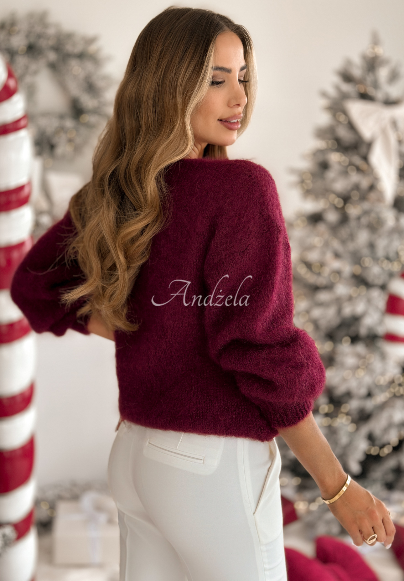 Moherowy sweter z dekoltem w serek Sweater Soul burgundowy