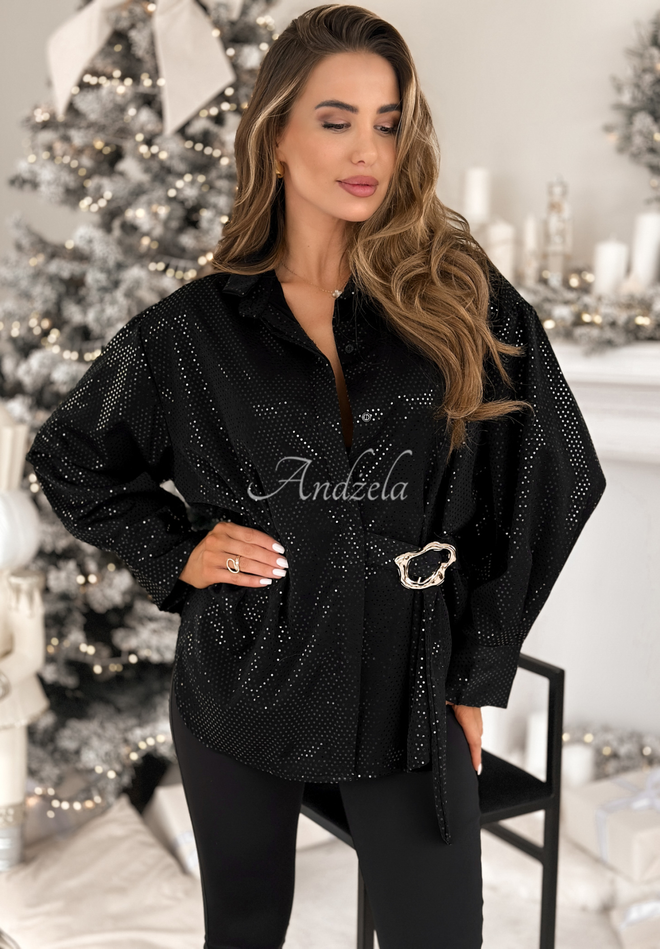 Shiny shirt with decorative applique Still Wondering black