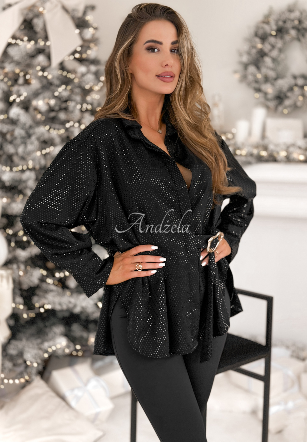 Shiny shirt with decorative applique Still Wondering black