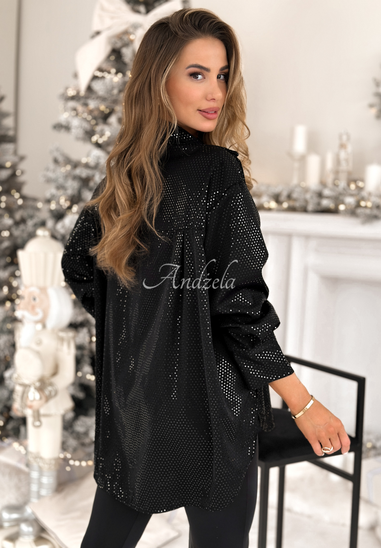 Shiny shirt with decorative applique Still Wondering black