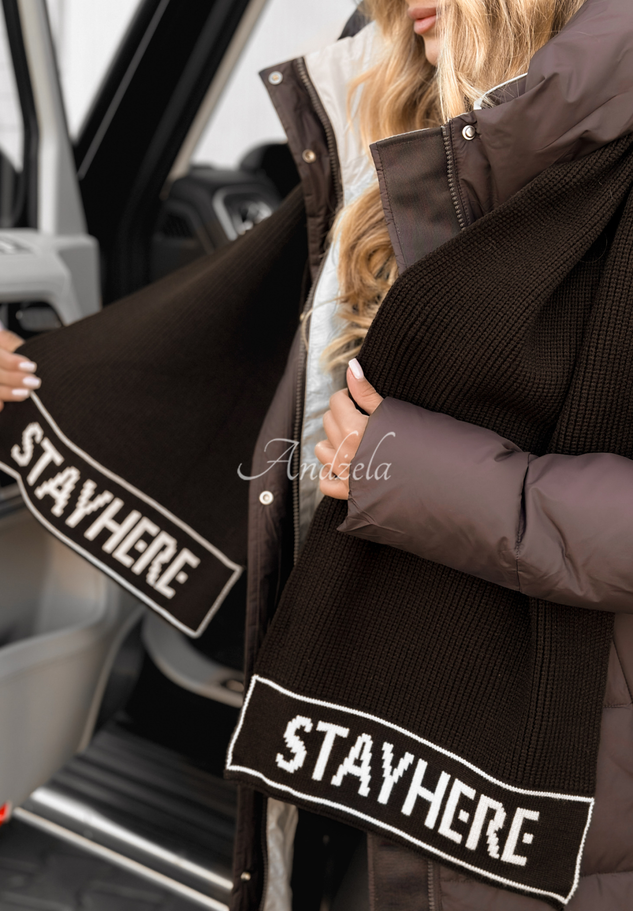 Wiskozowy komplet czapka i szalik z wełną Stay Here Winter czekoladowy