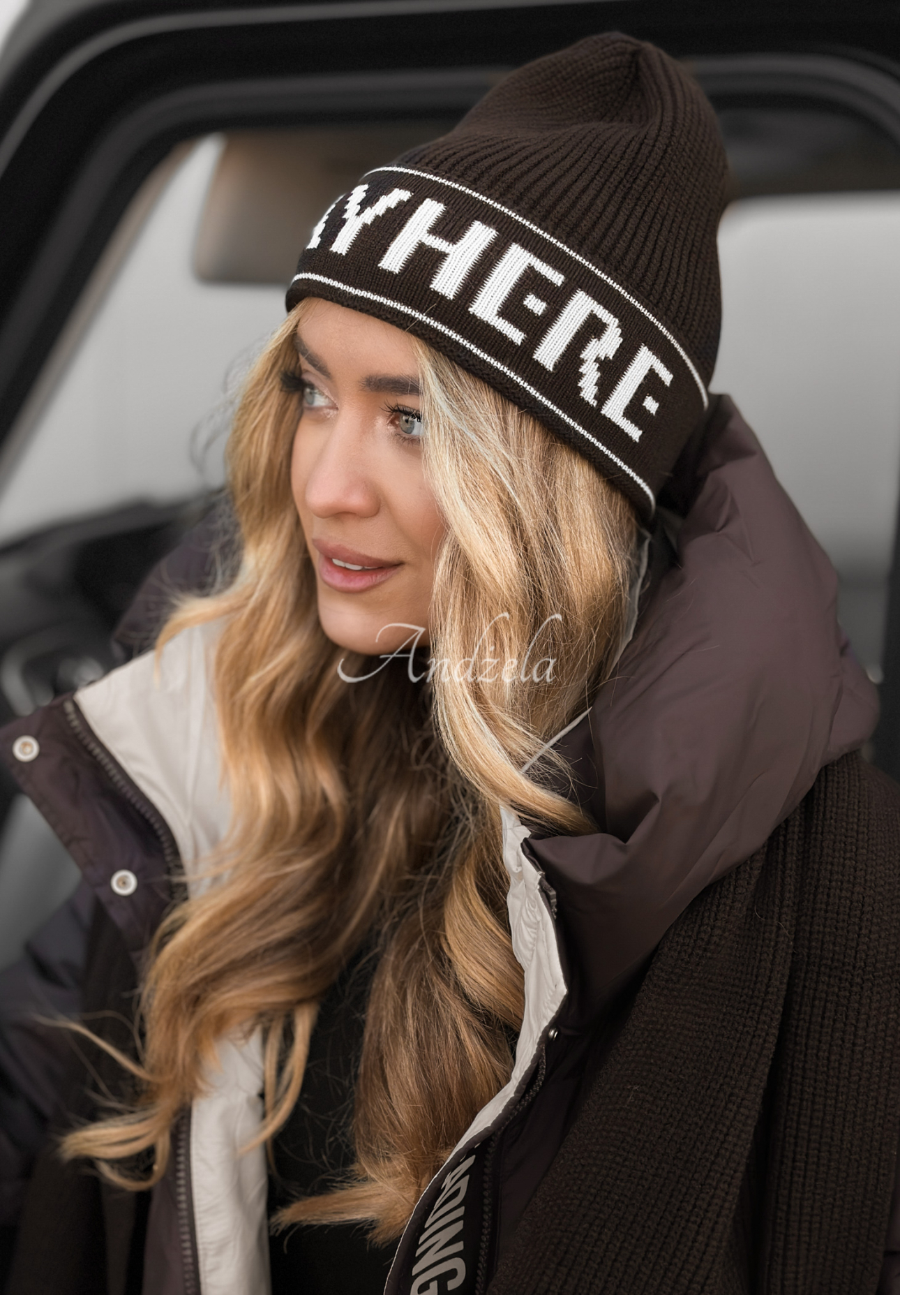 Viscose hat and scarf set with wool Stay Here Winter chocolate