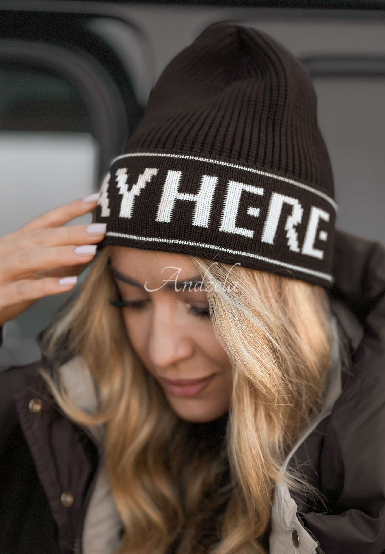 Viscose hat and scarf set with wool Stay Here Winter chocolate