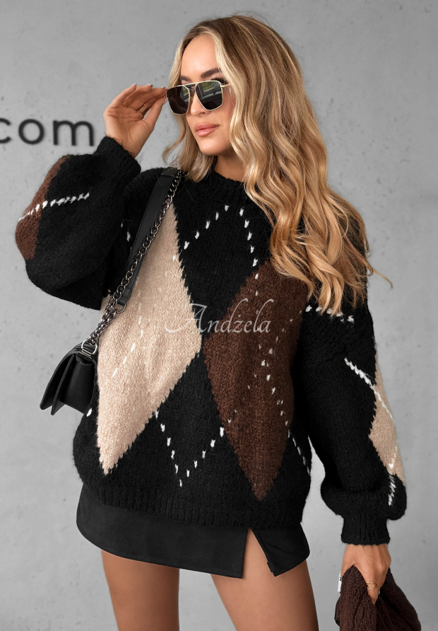 Sweter w romby z wełną i wiskozą Sweet Apple Pie czarny