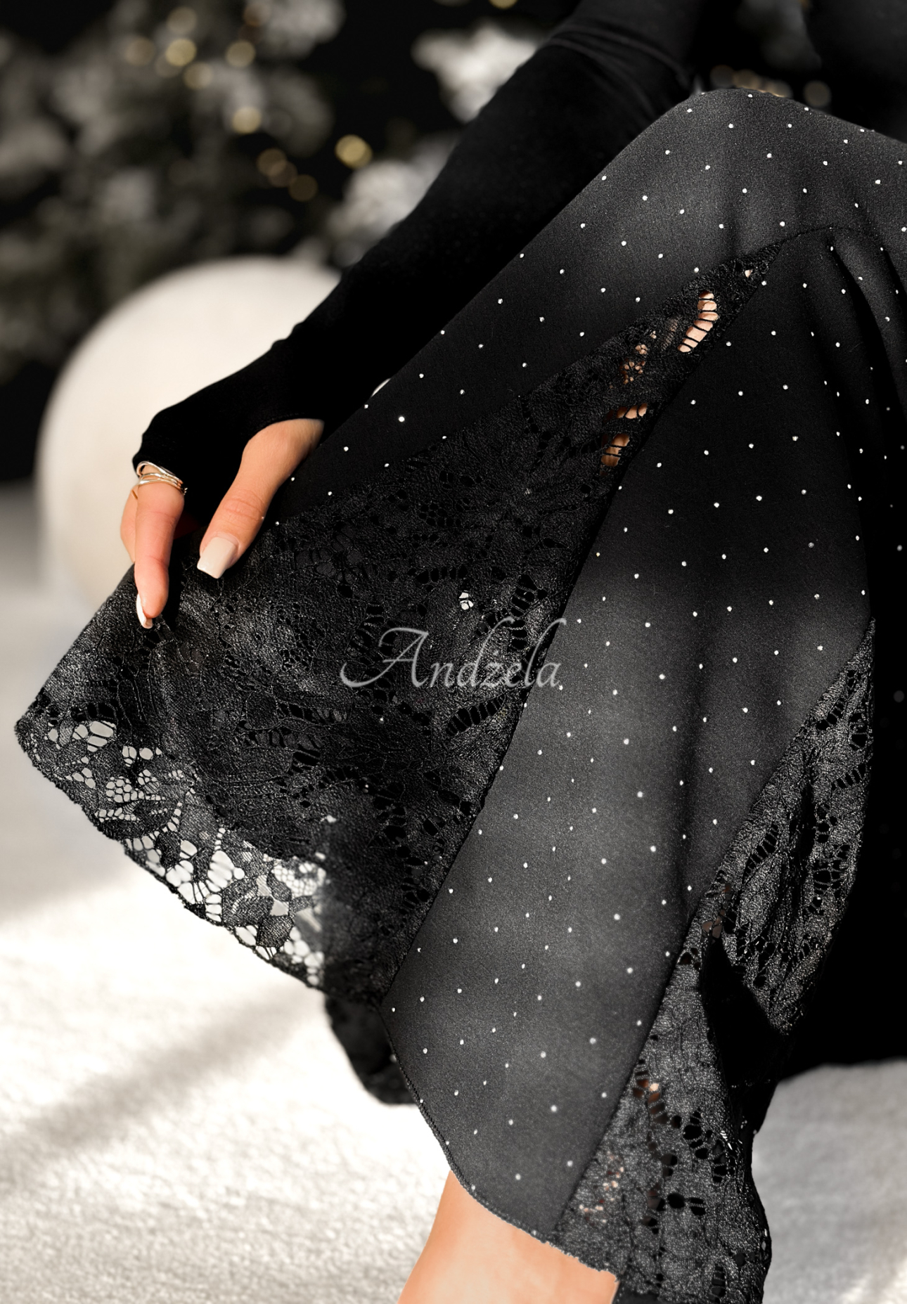 Viscose bell bottoms with crystals and lace Glitzy Allure black