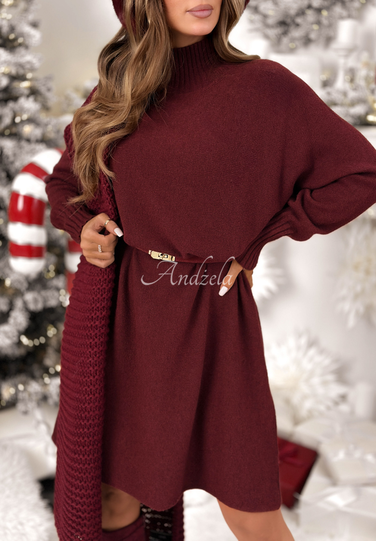 Sukienka sweter z wiskozy Lady In Cold burgundowa