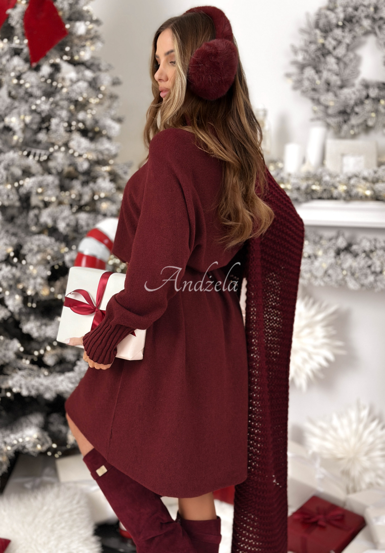 Sukienka sweter z wiskozy Lady In Cold burgundowa