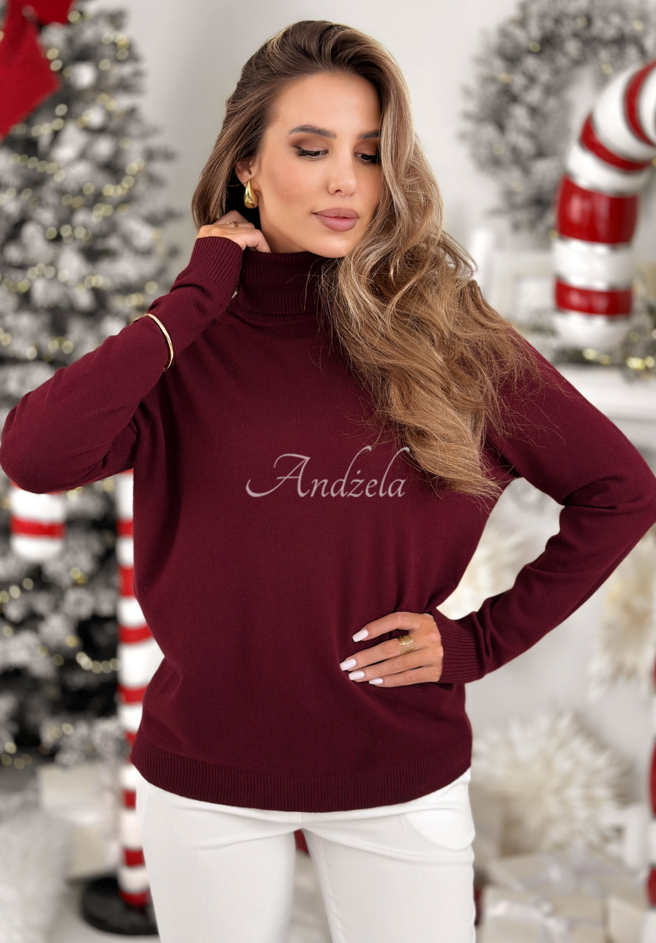 Sweter z golfem i wiskozą Sweater Mood burgundowy