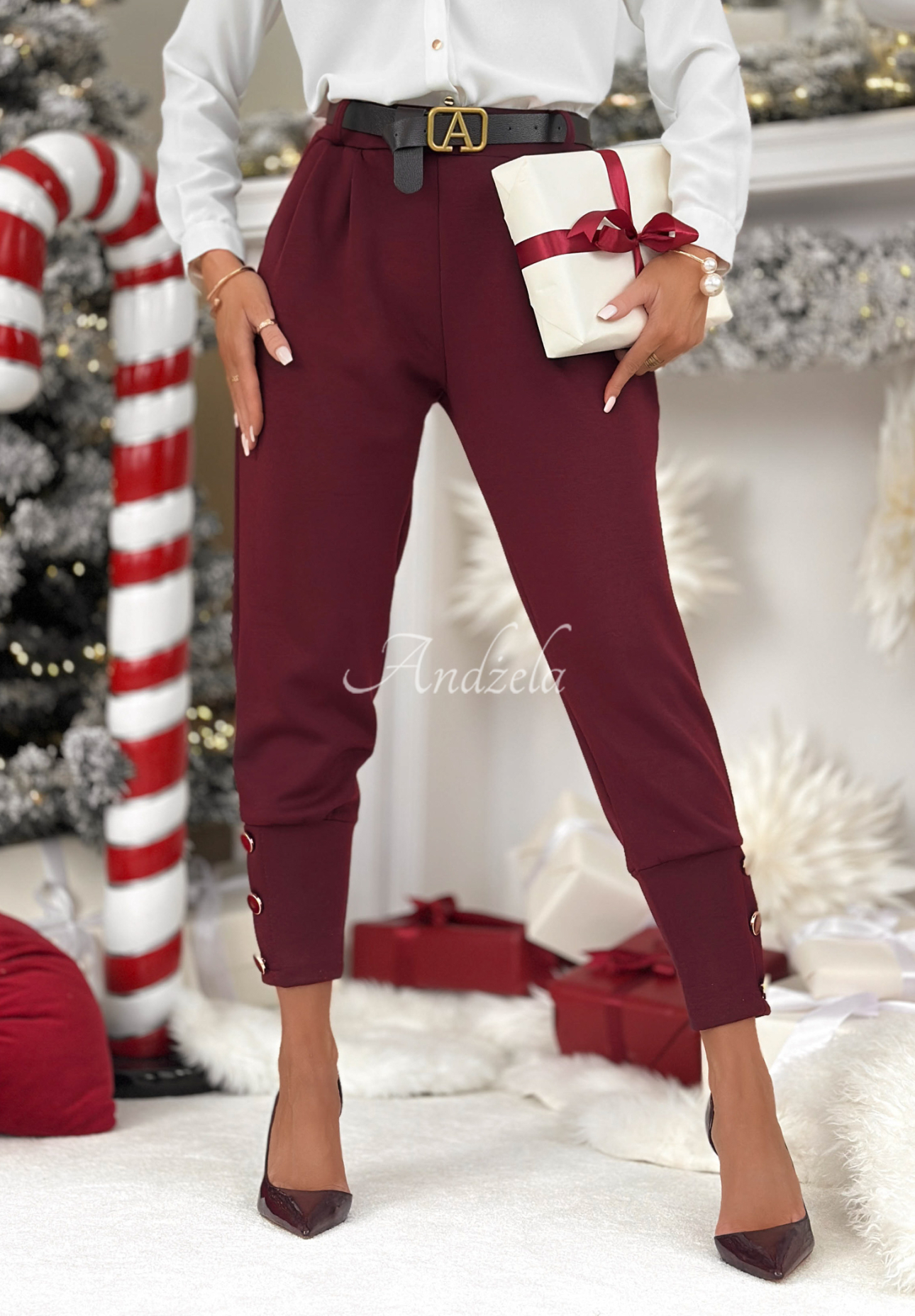 Take A Peek burgundy fabric button down pants