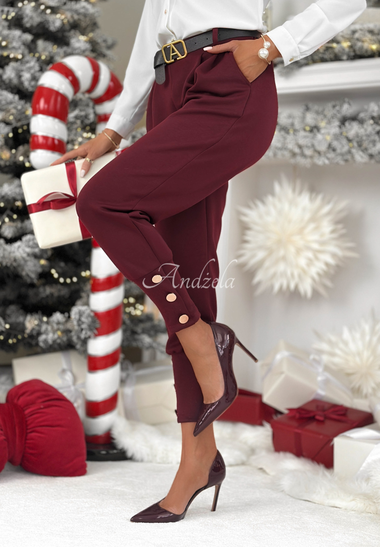 Take A Peek burgundy fabric button down pants