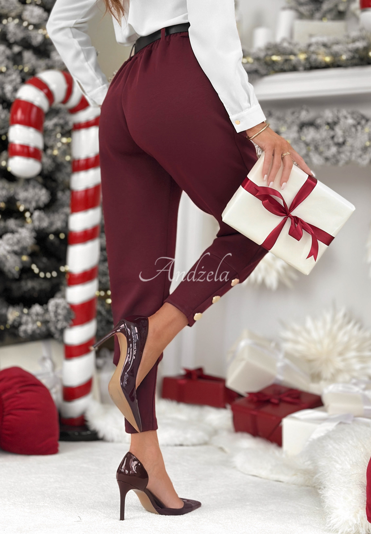 Take A Peek burgundy fabric button down pants