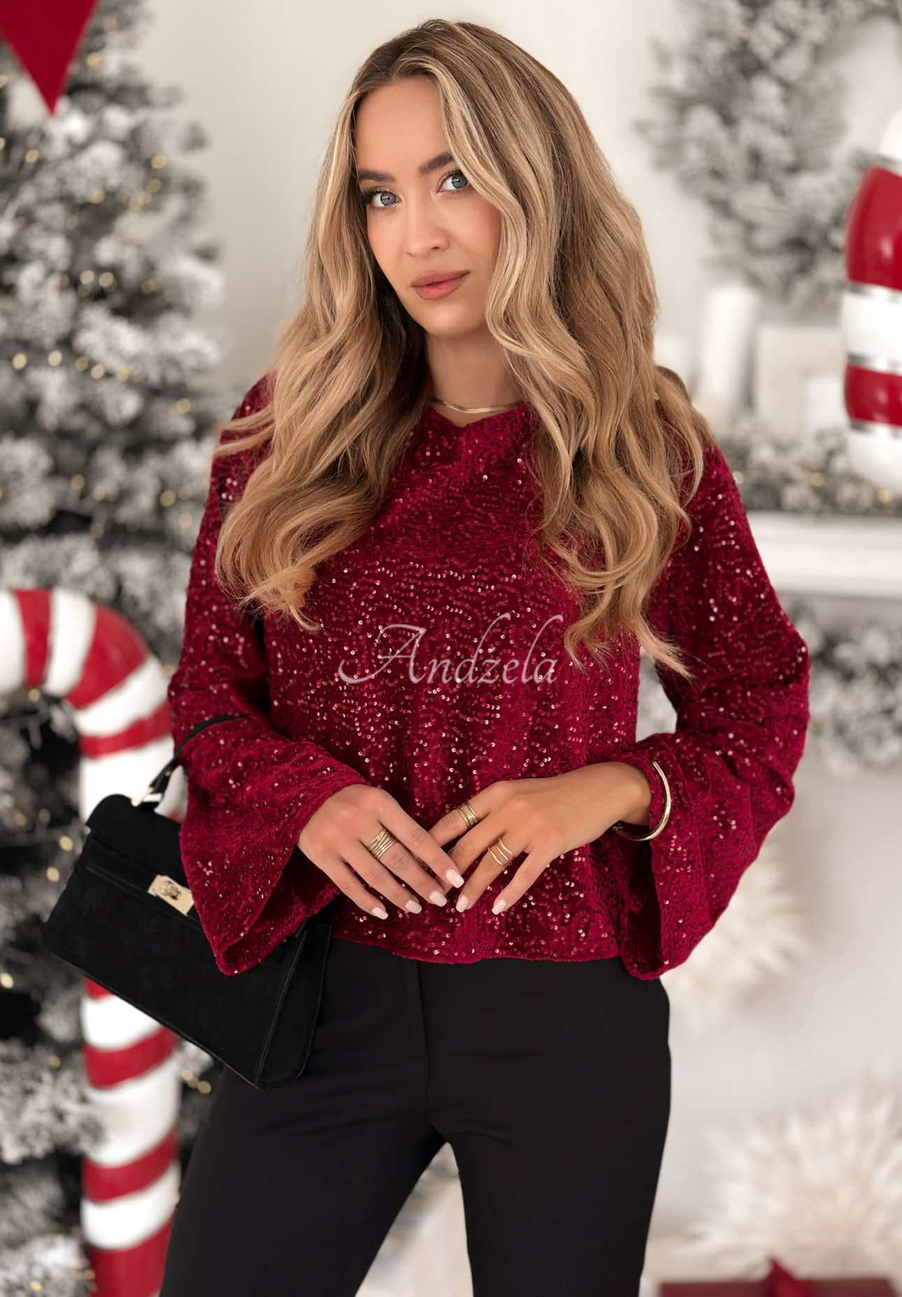 Cekinowa bluzka longsleeve The Mistletoe Lady burgundowa