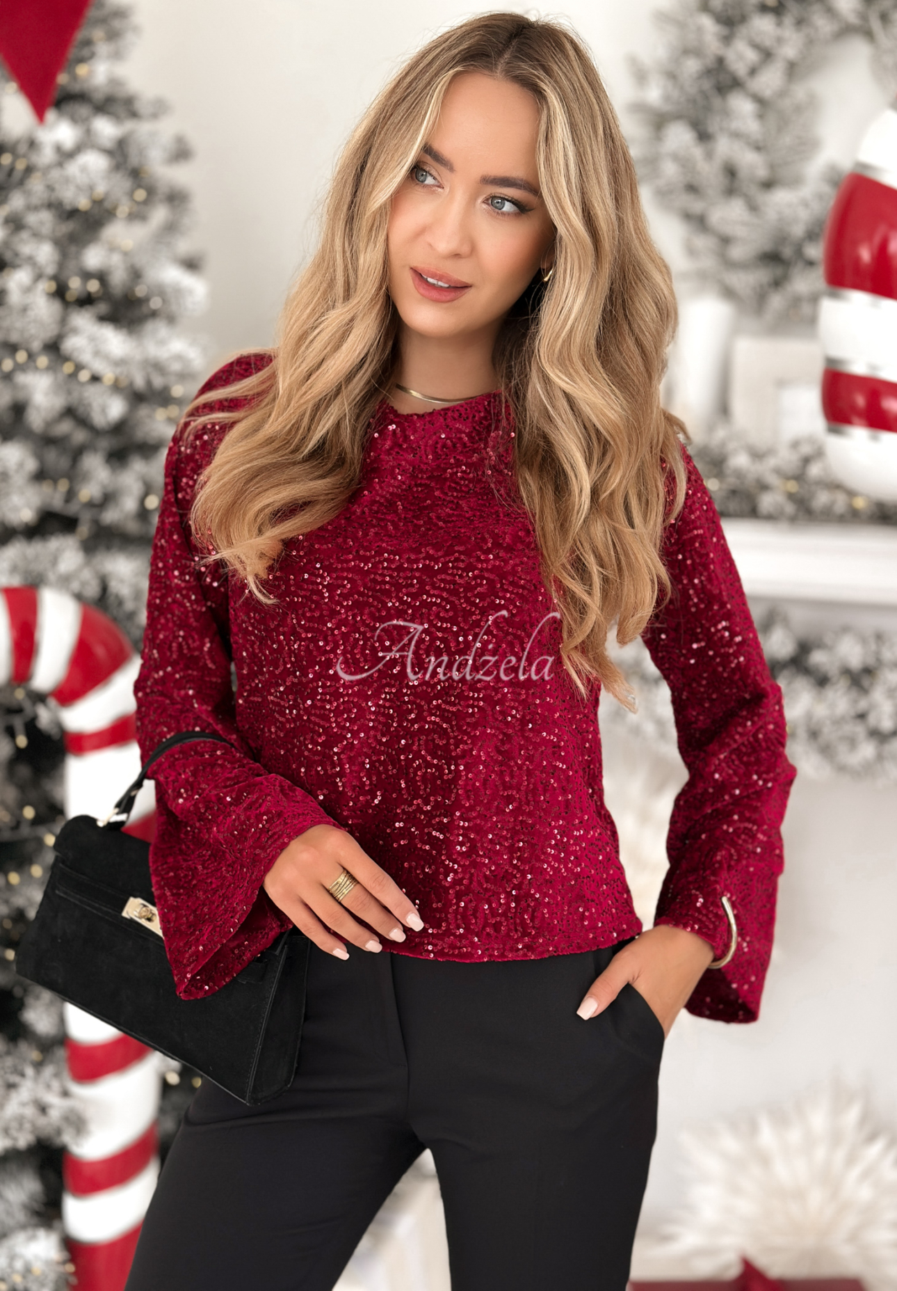 Cekinowa bluzka longsleeve The Mistletoe Lady burgundowa