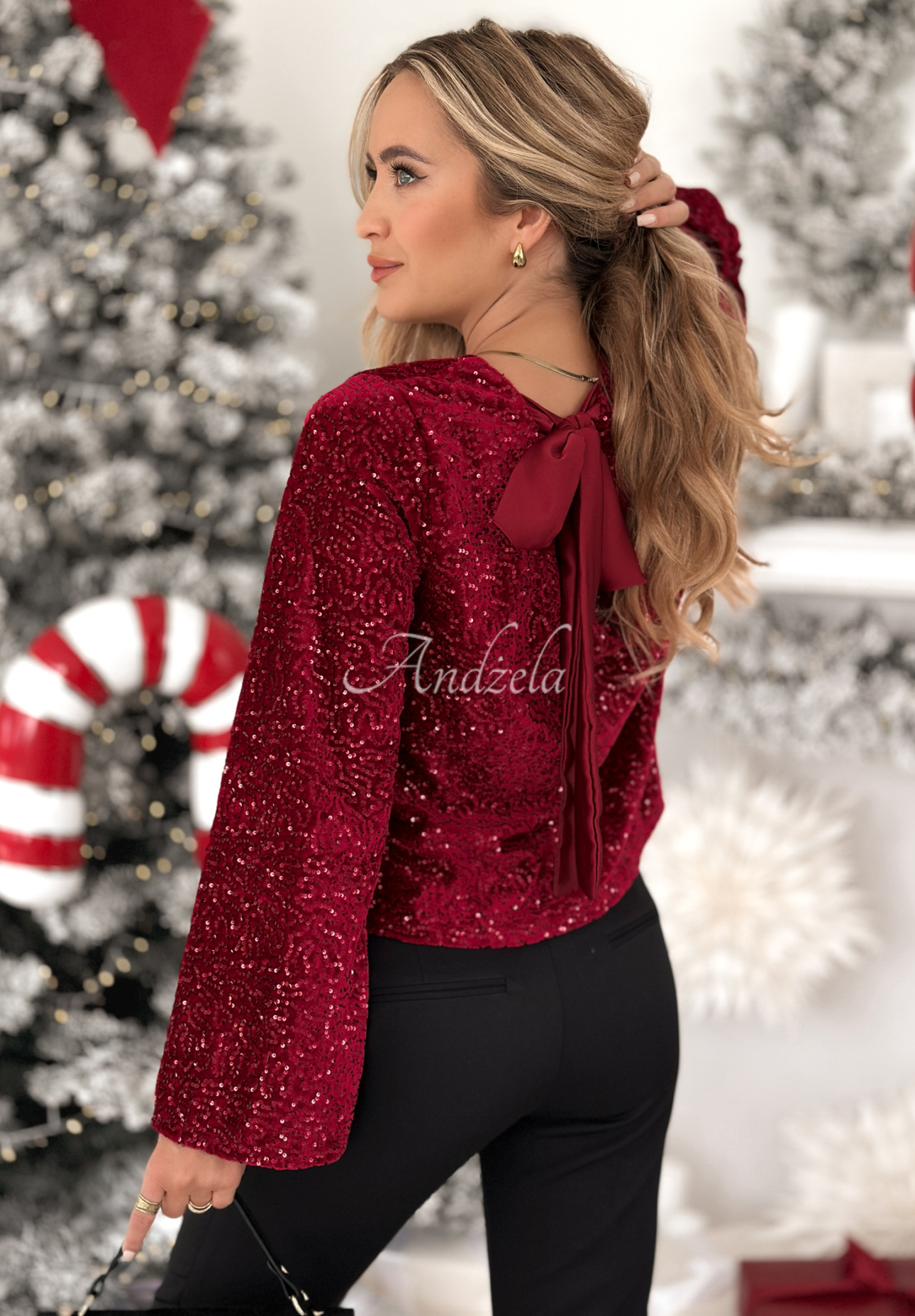 Cekinowa bluzka longsleeve The Mistletoe Lady burgundowa