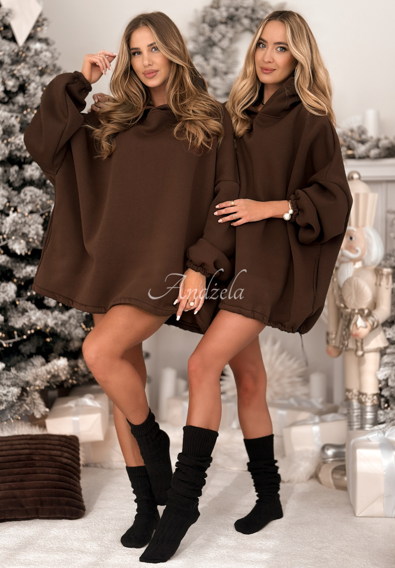 Długa bluza oversize z kapturem Still Cute czekoladowa