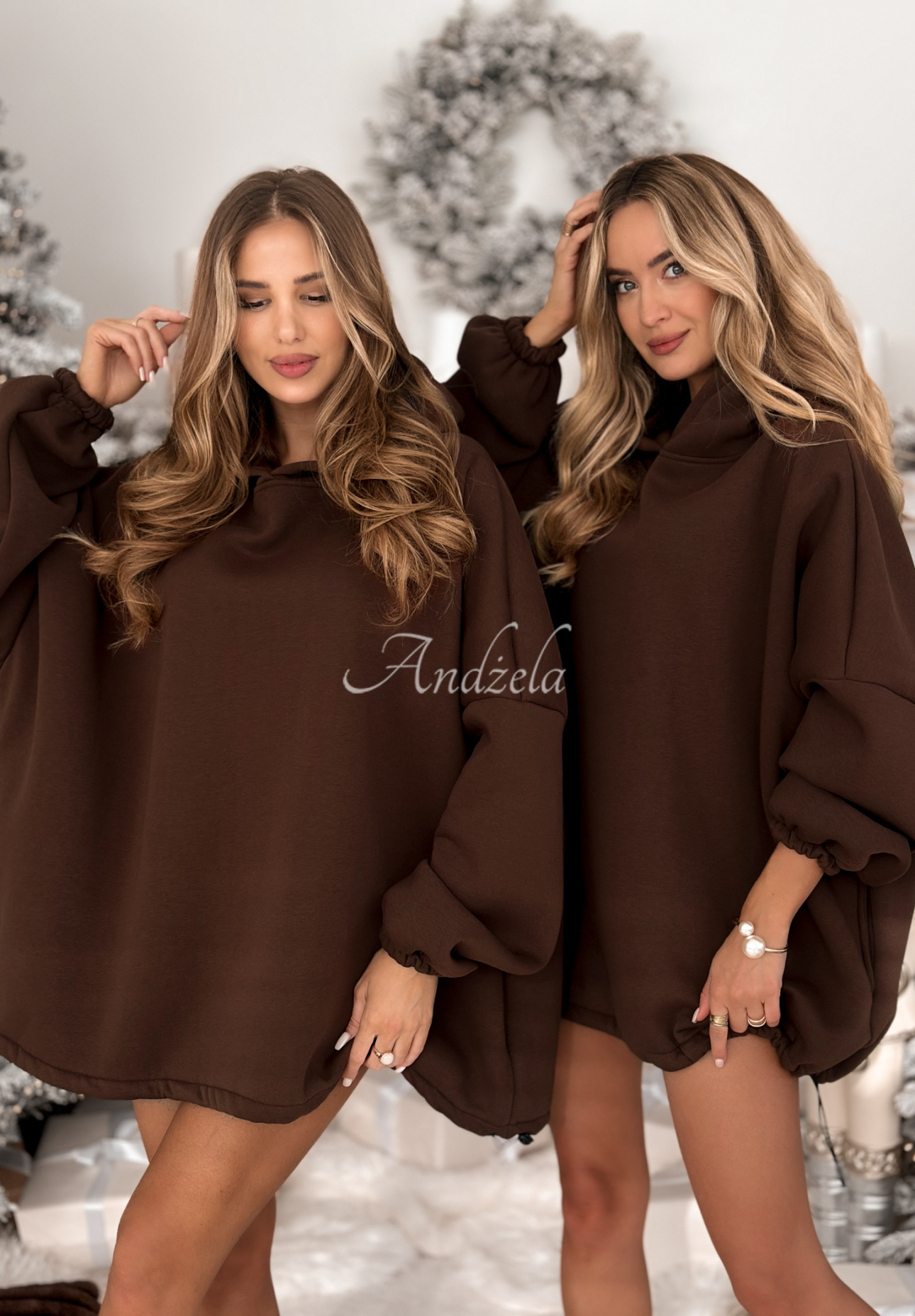 Długa bluza oversize z kapturem Still Cute czekoladowa