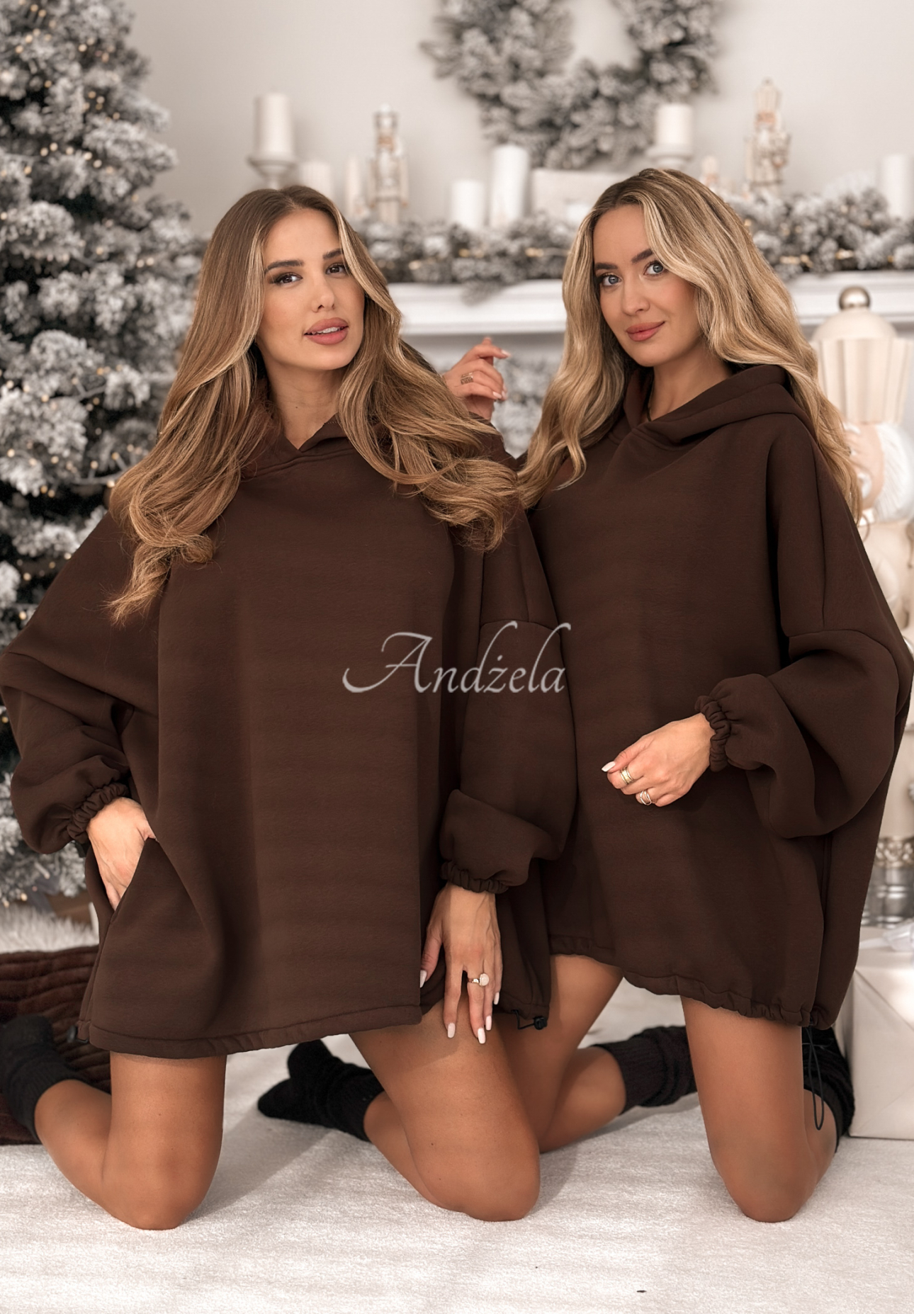 Długa bluza oversize z kapturem Still Cute czekoladowa