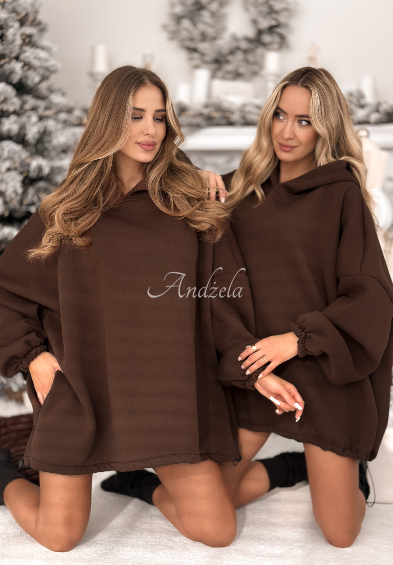 Długa bluza oversize z kapturem Still Cute czekoladowa