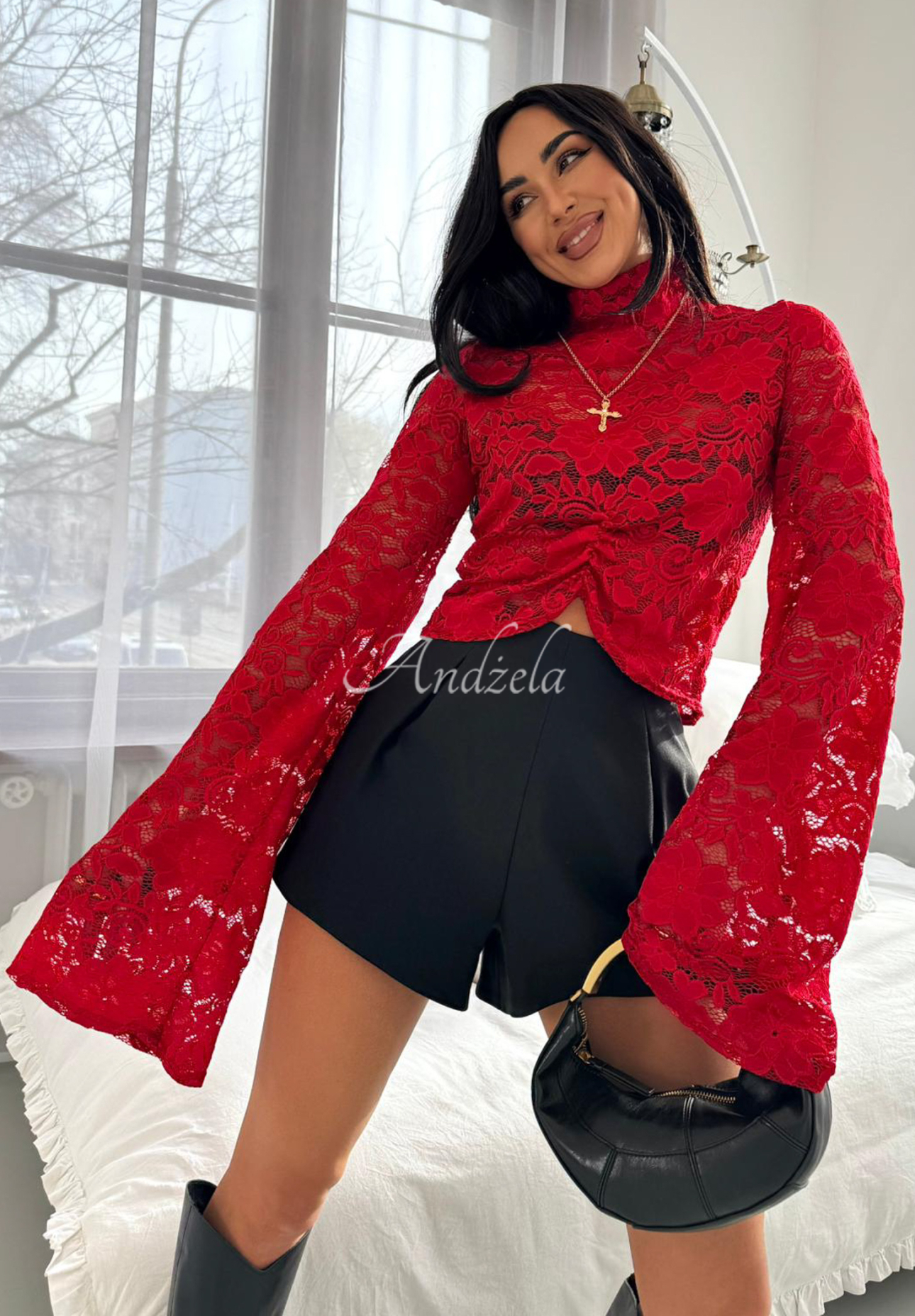 Lace blouse with stand-up collar and wide viscose sleeves La Milla Why Not You red