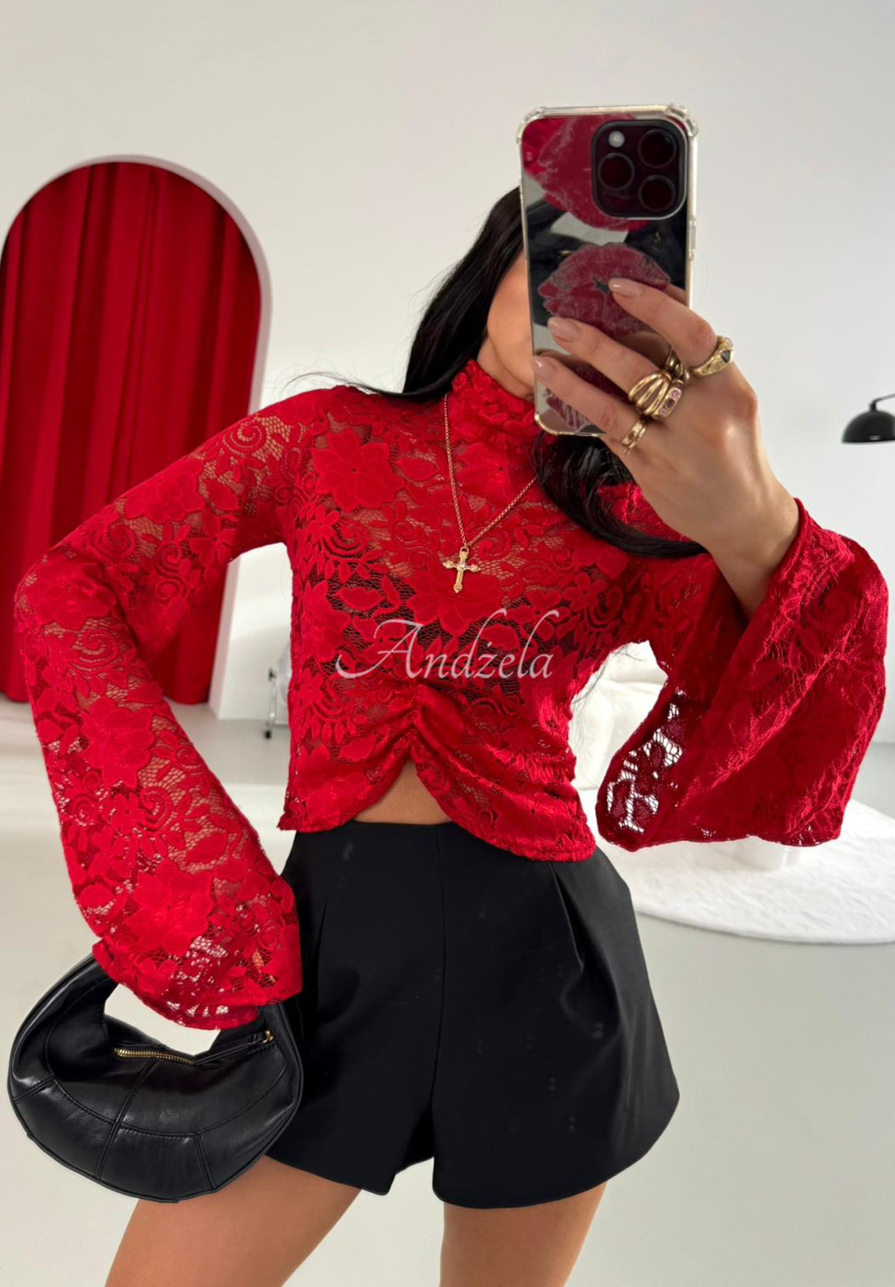 Lace blouse with stand-up collar and wide viscose sleeves La Milla Why Not You red