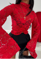 Koronkowa bluzka ze stójką i szerokimi rękawami La Milla Why Not You czerwona