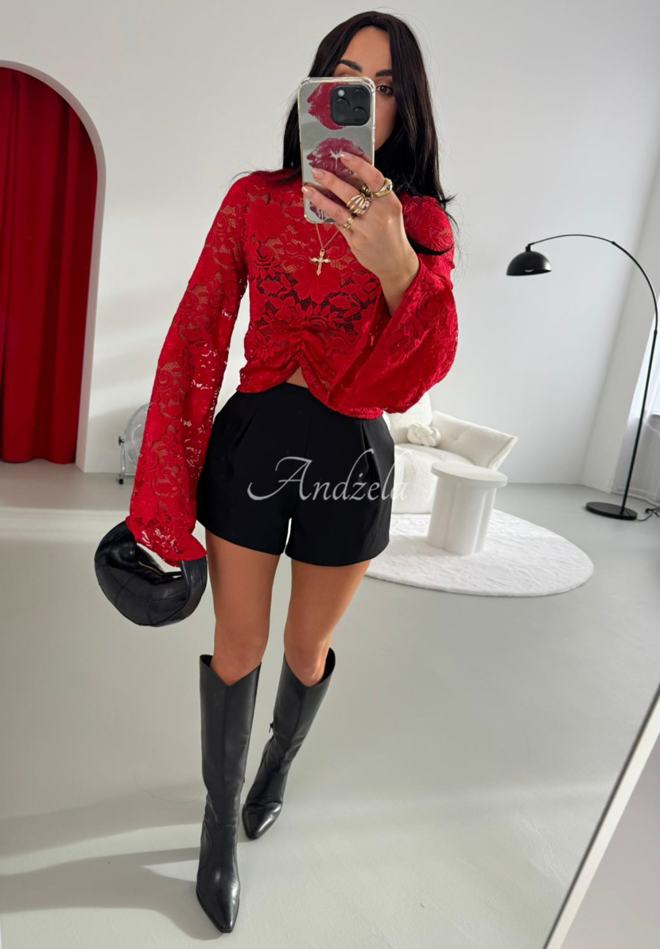 Lace blouse with stand-up collar and wide viscose sleeves La Milla Why Not You red