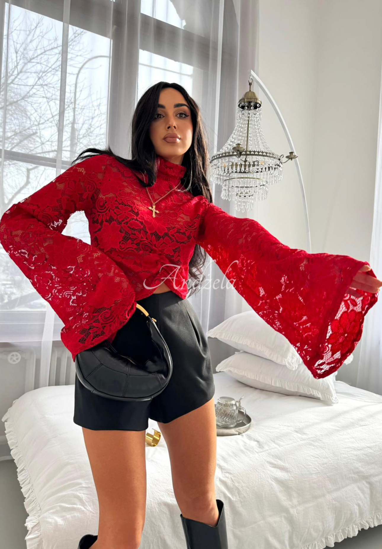 Lace blouse with stand-up collar and wide viscose sleeves La Milla Why Not You red