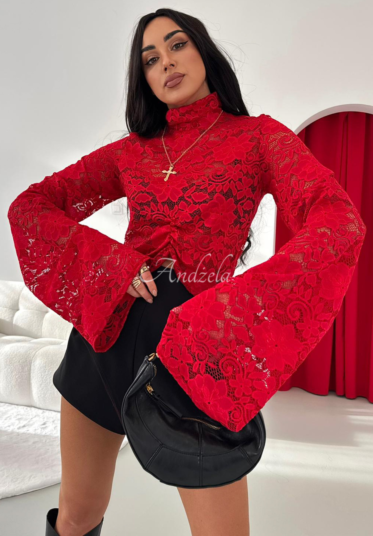 Lace blouse with stand-up collar and wide viscose sleeves La Milla Why Not You red